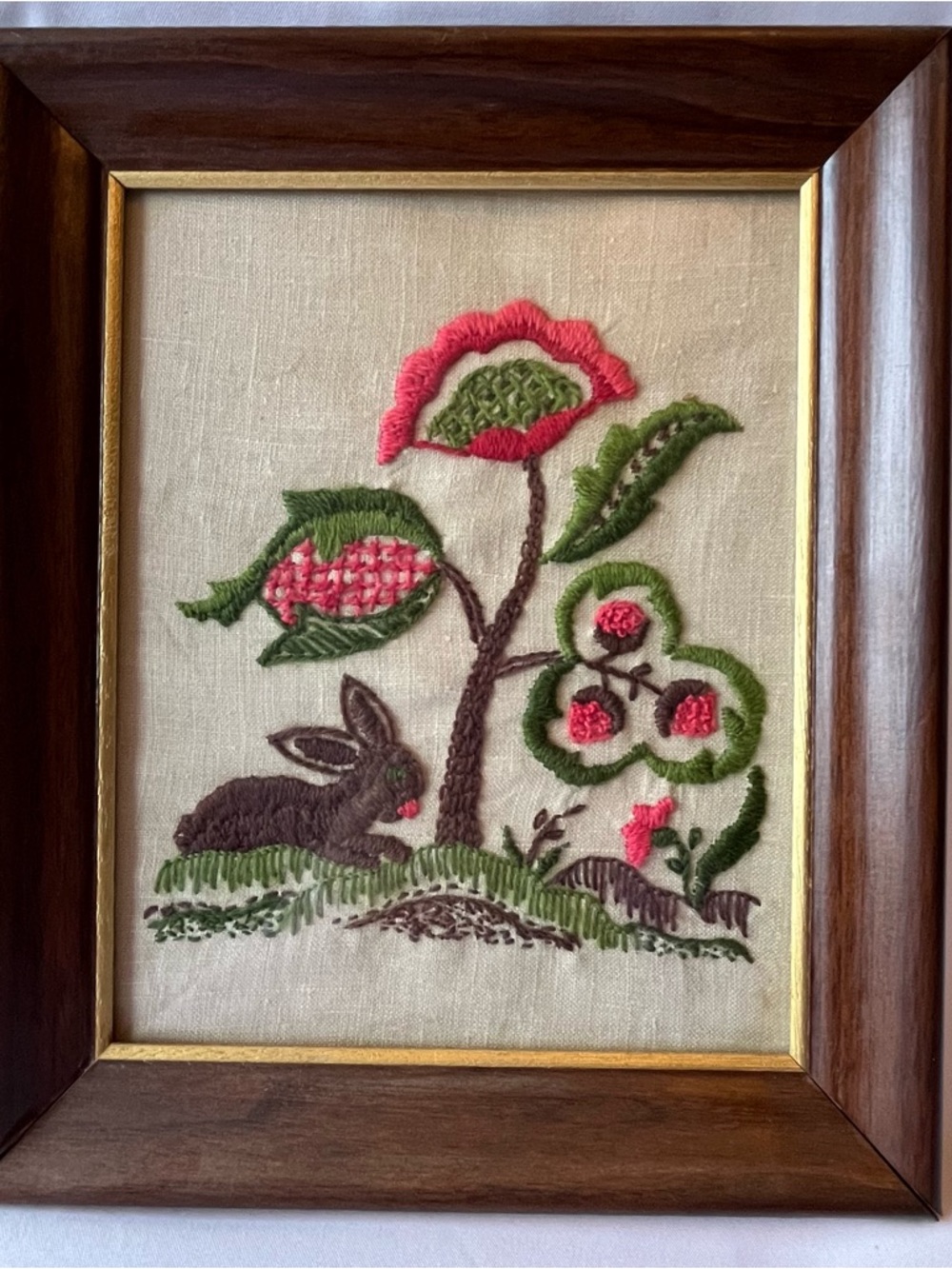 Vintage Crewel Embroidery Flower Bunny Rabbit Framed Art W/ Vintage Frame